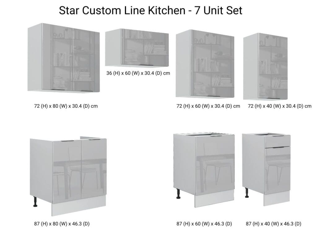 Kitchen Cabinets Cupboards 7 Unit DIY Set 240cm Scandinavian Style Light Grey Gloss - Star