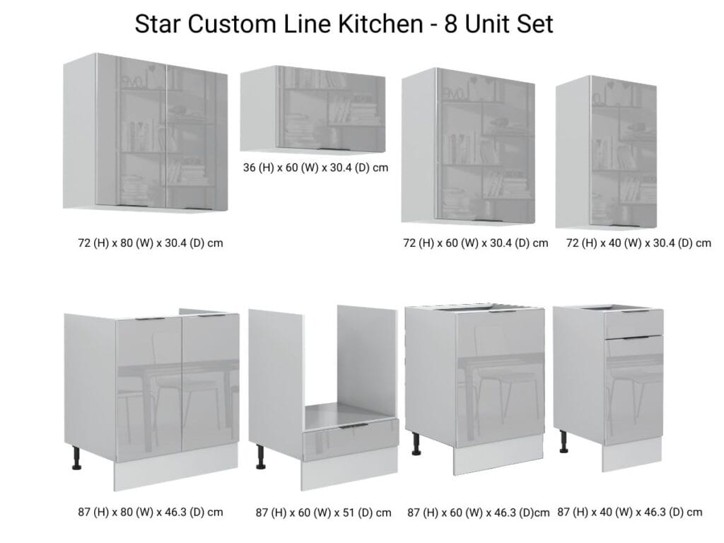 Kitchen Cabinets Cupboards 8 Unit DIY Set with Oven Housing 240cm Light Dove Grey Gloss - Star