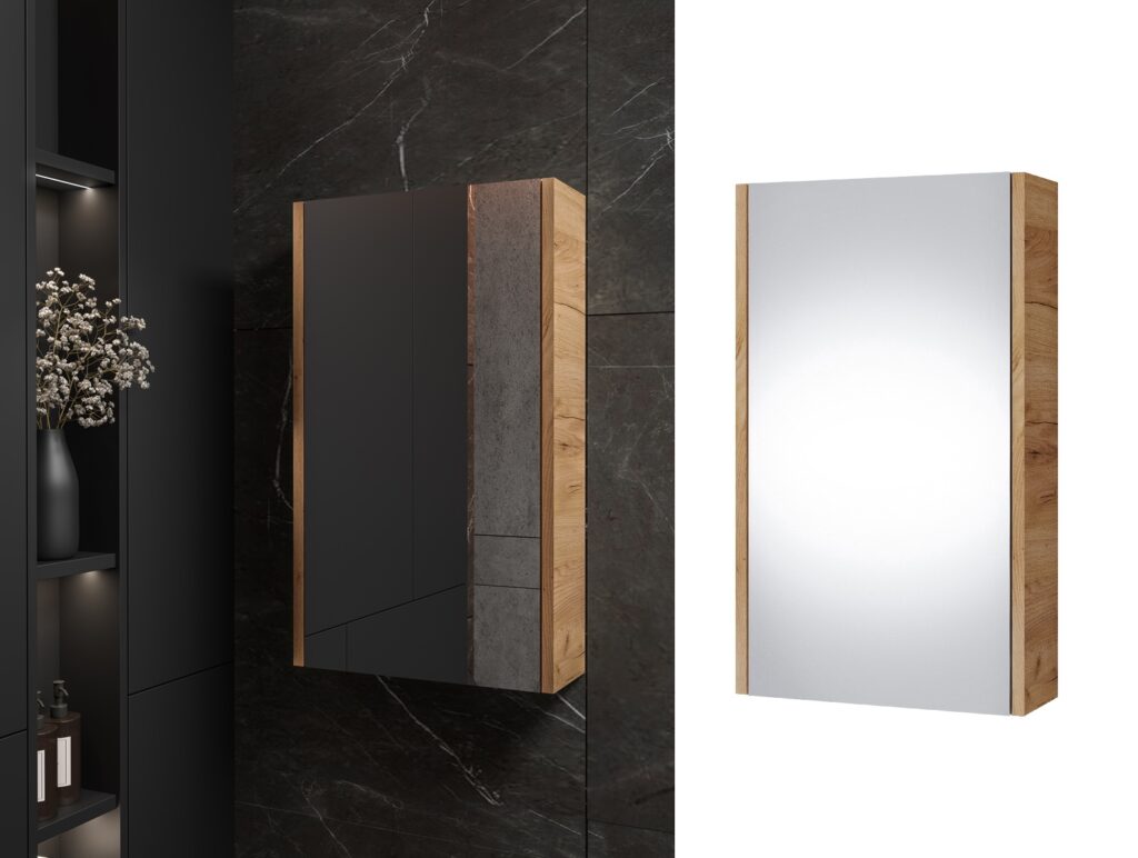 Bathroom Mirror Cabinet Mirrored Small Wall Unit Slimline Cupboard 400mm Storage Gold Craft Oak – Avir