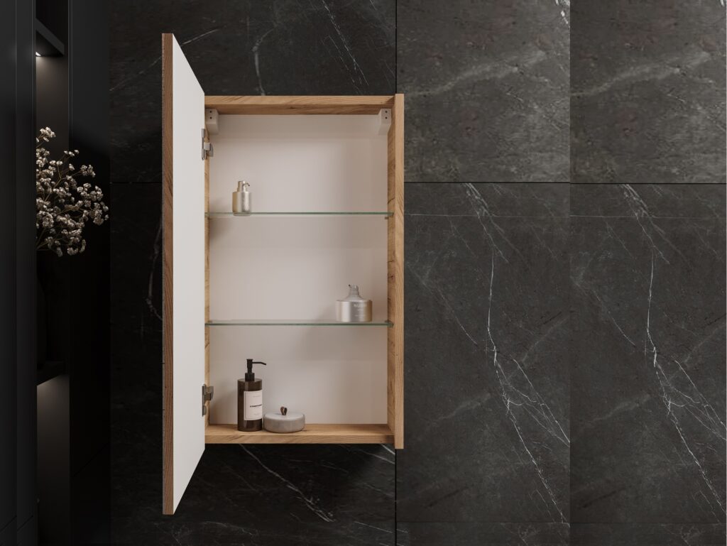 Bathroom Mirror Cabinet Mirrored Small Wall Unit Slimline Cupboard 400mm Storage Gold Craft Oak – Avir