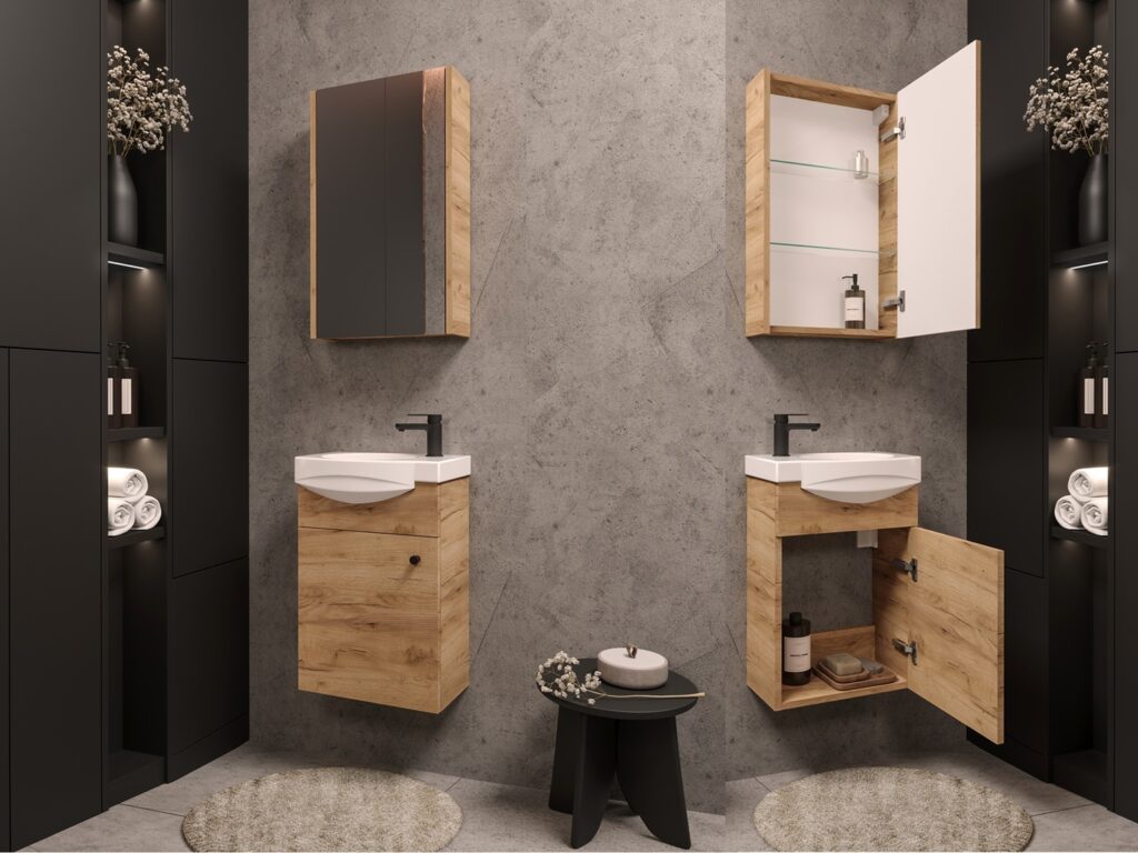 Bathroom Mirror Cabinet Mirrored Small Wall Unit Slimline Cupboard 400mm Storage Gold Craft Oak – Avir