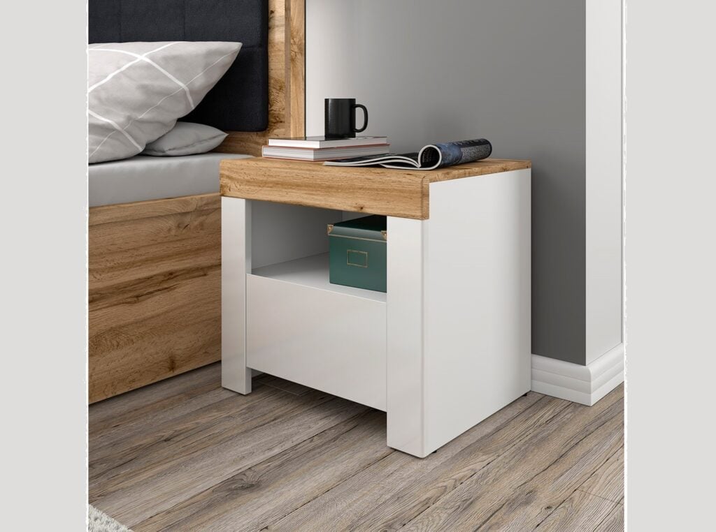 White Gloss Bedside Cabinet Side Table Night Stand with Drawer Bedroom Lounge Scandi Bedroom Storage Unit  - Holten