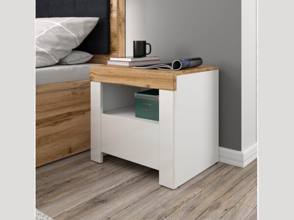 Bedside table drawer cabinet open shelf side unit white gloss and oak scandi modern bedroom furniture