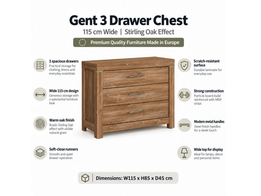 Chest of Drawers 115cm Wide 3 Drawer Storage Dresser Modern Farmhouse Oak Effect - Gent