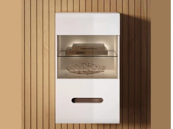 White gloss cabinet wall display glass unit led lights lounge living room furniture modern