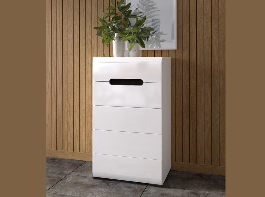 White Gloss Tall Chest of Drawers Tallboy Modern Storage Unit with Handleless Black Brown Inserts - Azteca Trio
