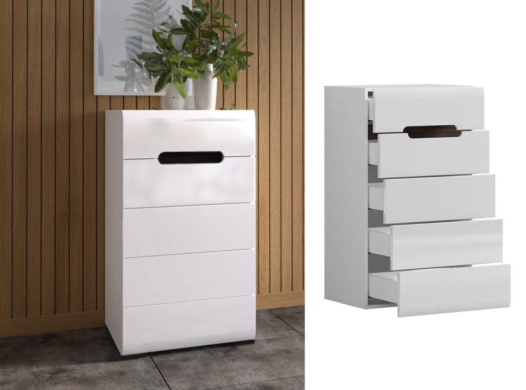 White Gloss Tall Chest of Drawers Tallboy Modern Storage Unit with Handleless Black Brown Inserts - Azteca Trio