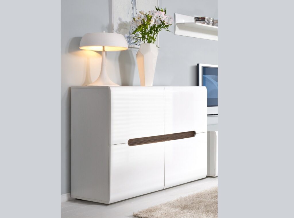 White High Gloss Sideboard Small Cabinet Square Storage Unit with Black Gloss and Dark Wooden Insert - Azteca