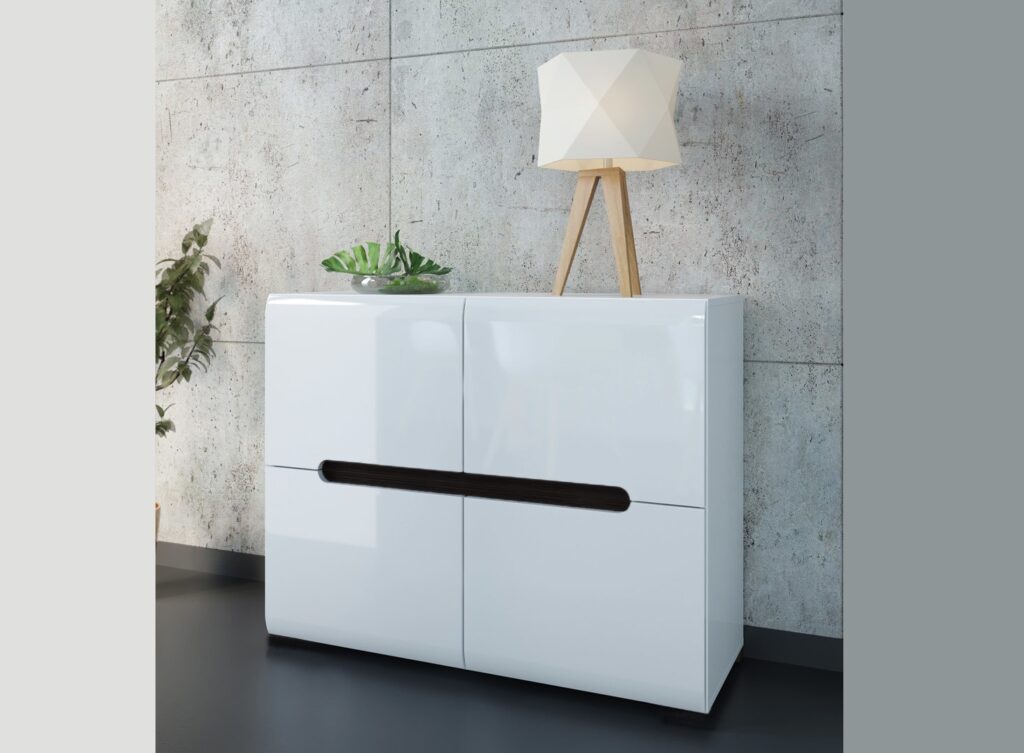 White High Gloss Sideboard Small Cabinet Square Storage Unit with Black Gloss and Dark Wooden Insert - Azteca