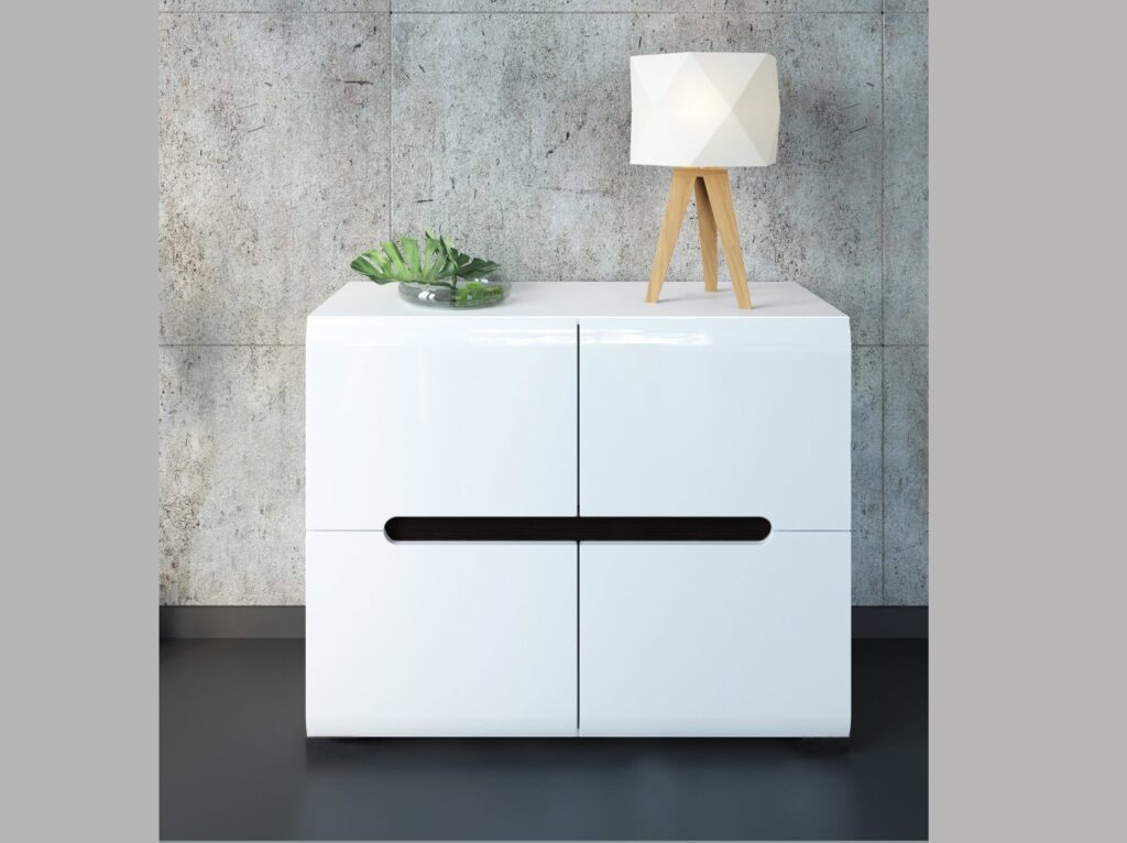 White High Gloss Sideboard Small Cabinet Square Storage Unit with Black Gloss and Dark Wooden Insert - Azteca