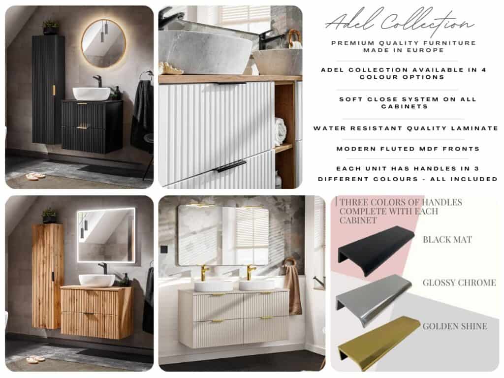 Tall Bathroom Cabinet Black Slim Narrow Storage Unit Ribbed Fluted Floating Tallboy - Adel