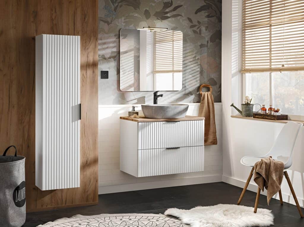 Tall Bathroom Cabinet White Slim Narrow Storage Unit Ribbed Fluted Door Floating Furniture - Adel