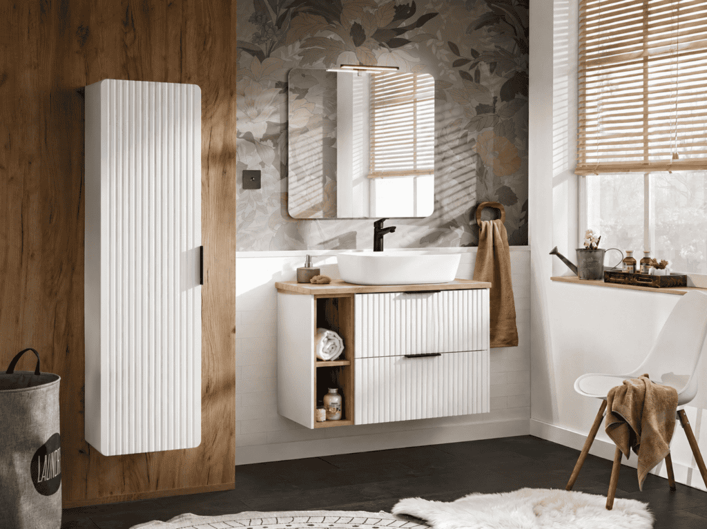 Tall Bathroom Cabinet White Slim Narrow Storage Unit Ribbed Fluted Door Floating Furniture - Adel