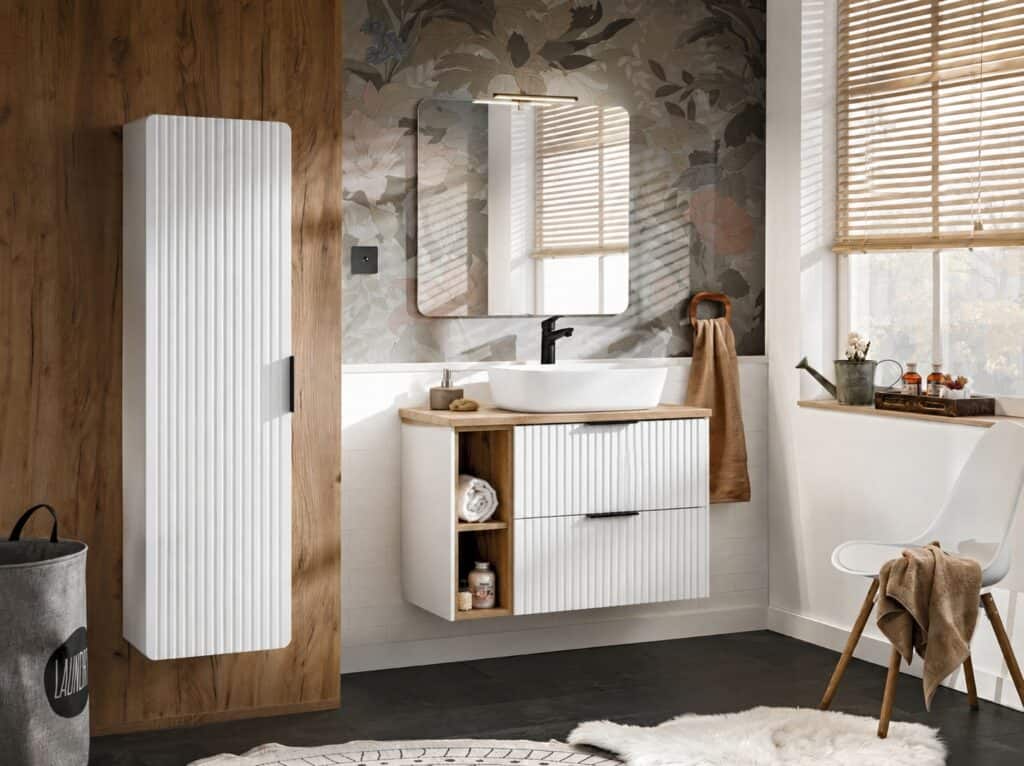 Tall Bathroom Cabinet White Slim Narrow Storage Unit Ribbed Fluted Door Floating Furniture - Adel