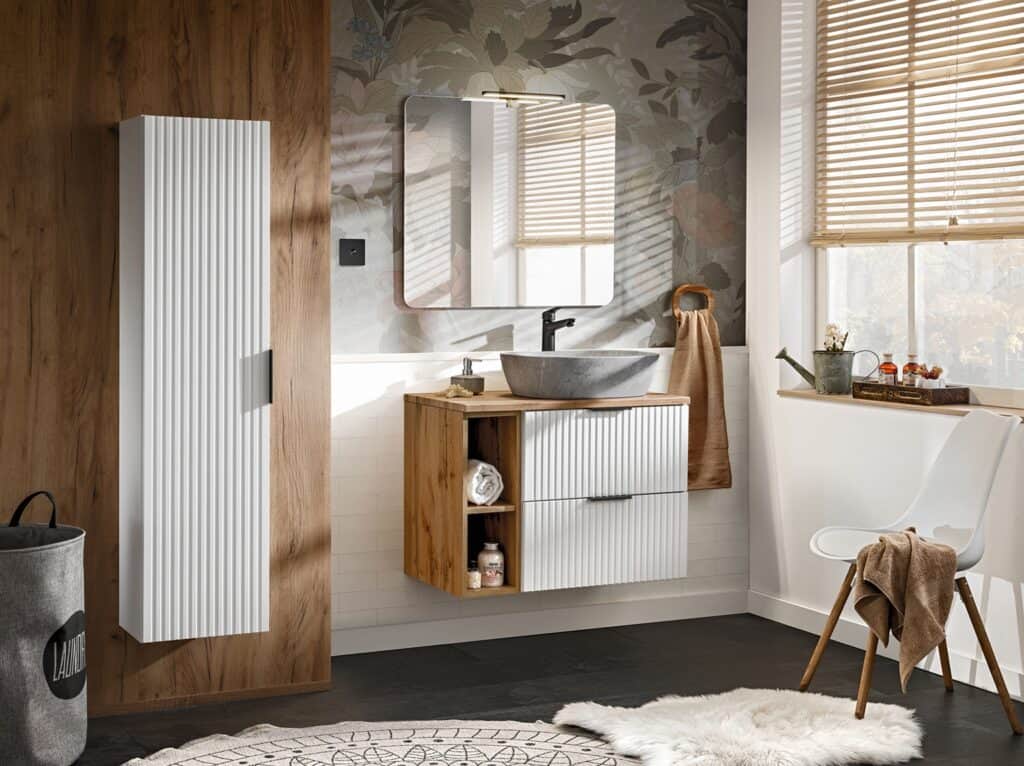 Tall Bathroom Cabinet White Slim Narrow Storage Unit Ribbed Fluted Door Floating Furniture - Adel