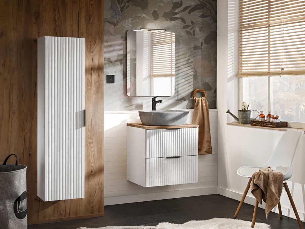 Tall Bathroom Cabinet White Slim Narrow Storage Unit Ribbed Fluted Door Floating Furniture - Adel