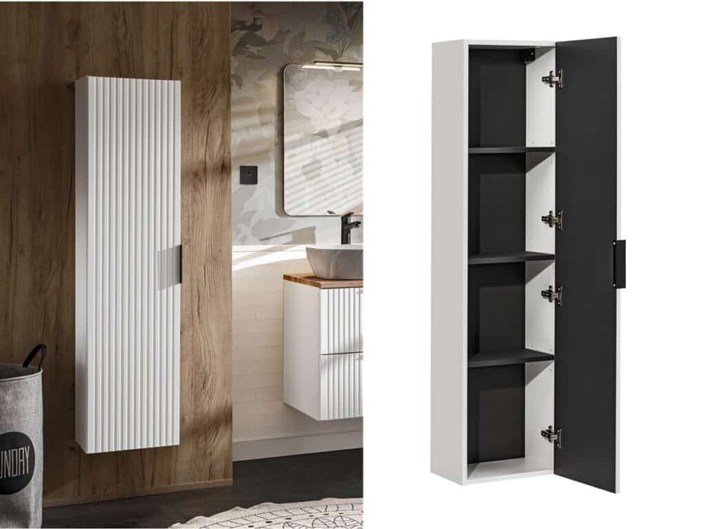 Tall Bathroom Cabinet White Slim Narrow Storage Unit Ribbed Fluted Door Floating Furniture - Adel