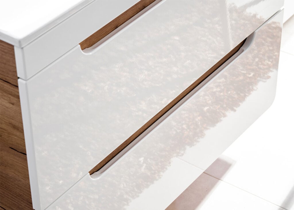 Wall Hung Slimline Bathroom Furniture Set 400mm Vanity Sink Drawer and Storage Cabinets White Gloss Oak - Aruba