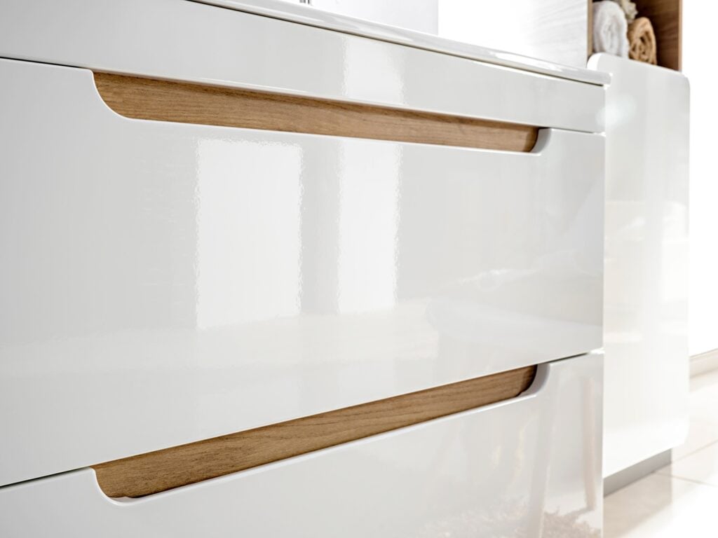 Wall Hung Slimline Bathroom Furniture Set 400mm Vanity Sink Drawer and Storage Cabinets White Gloss Oak - Aruba