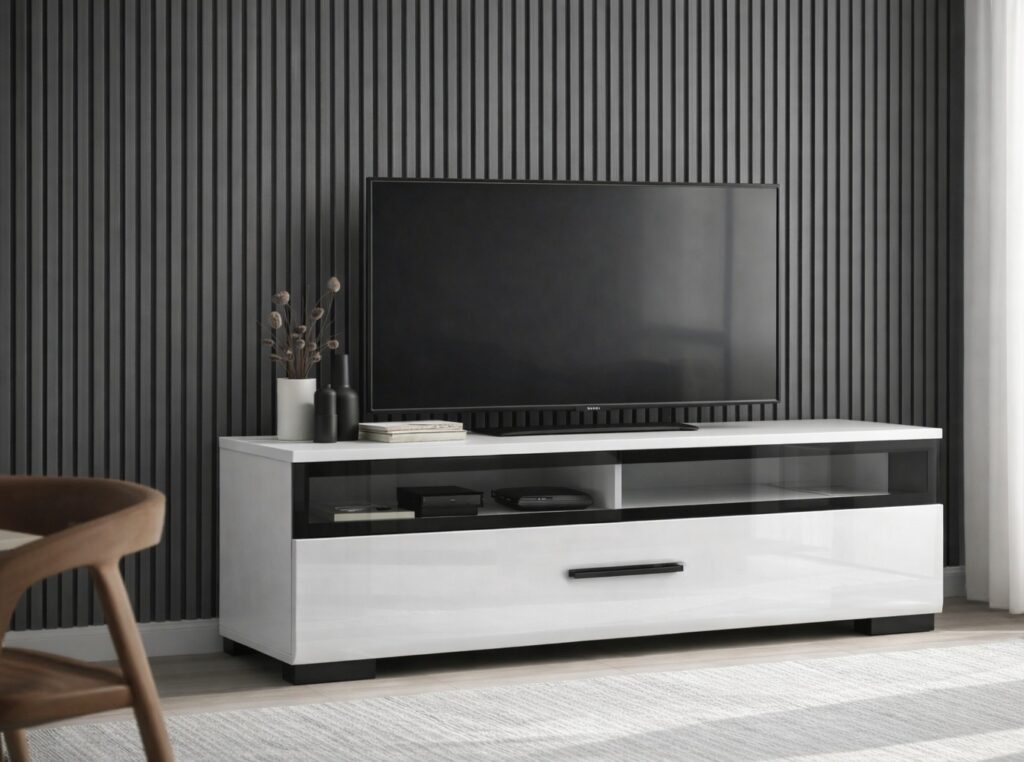 Small TV Stand with Glass Drawer White Gloss Media Cabinet Storage Unit 100cm - Assen