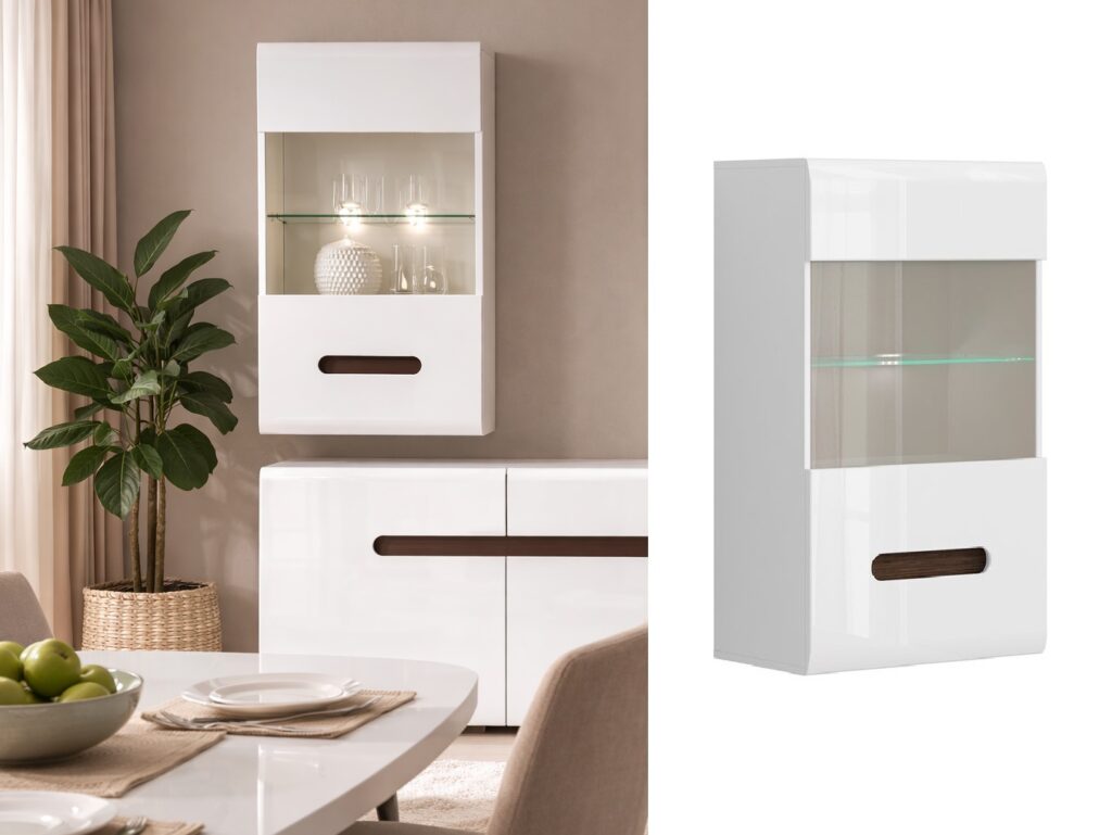 Wall Display Unit Glass Cabinet Modern Floating LED Lights White Gloss Storage - Azteca