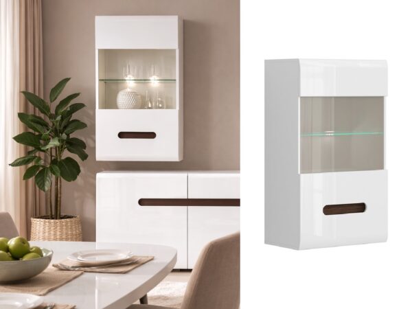 Glass wall cabinet display unit for living room white gloss modern with LED lights Azteca