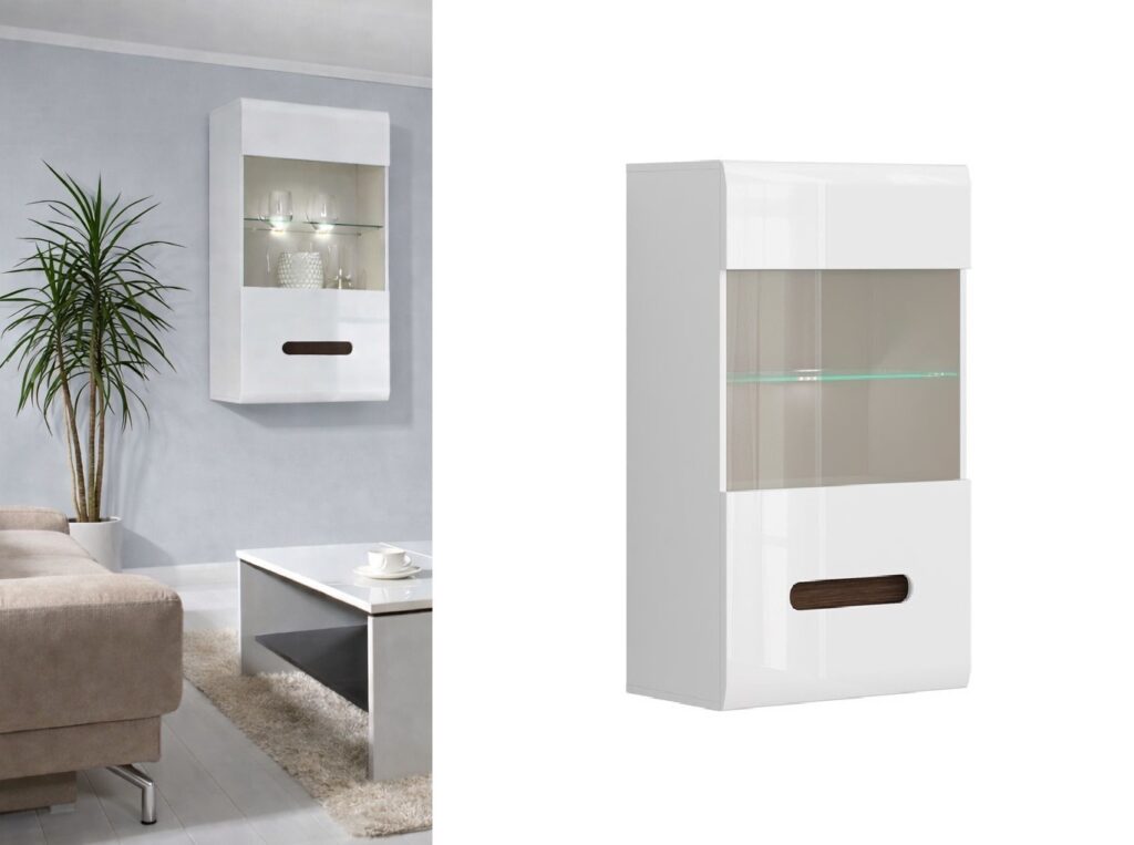 Wall Display Unit Glass Cabinet Modern Floating LED Lights White Gloss Storage - Azteca
