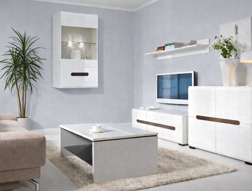 Wall Display Unit Glass Cabinet Modern Floating LED Lights White Gloss Storage - Azteca