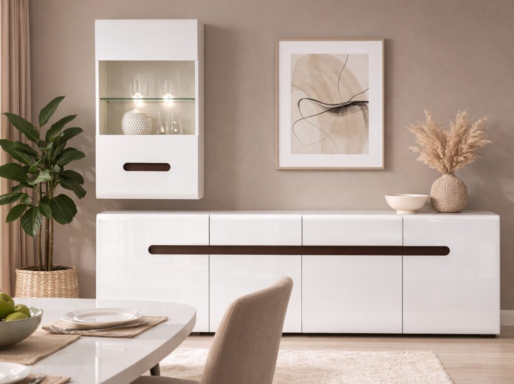 Wall Display Unit Glass Cabinet Modern Floating LED Lights White Gloss Storage - Azteca