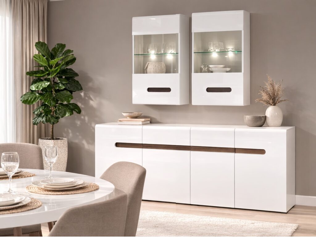 Wall Display Unit Glass Cabinet Modern Floating LED Lights White Gloss Storage - Azteca