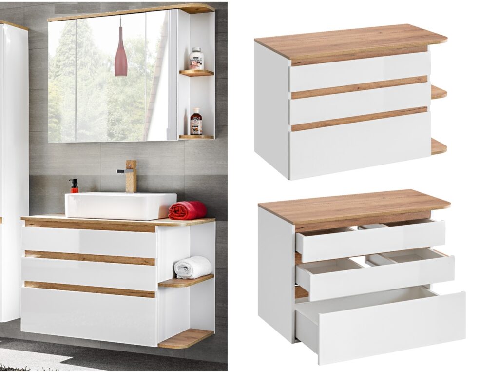 Curved Bathroom Vanity Unit Wall Hung Cabinet with Countertop and Drawers Modern White Gloss and Oak - Platinum