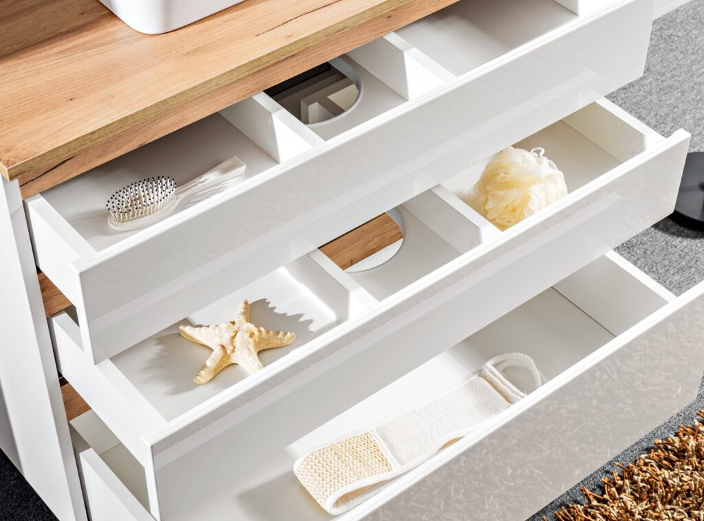 Curved Bathroom Vanity Unit Wall Hung Cabinet with Countertop and Drawers Modern White Gloss and Oak - Platinum