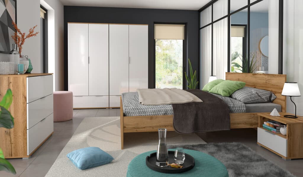 2 Door Wardrobe with Drawers Double Wardrobe White Gloss and Oak Effect 90cm - Zele