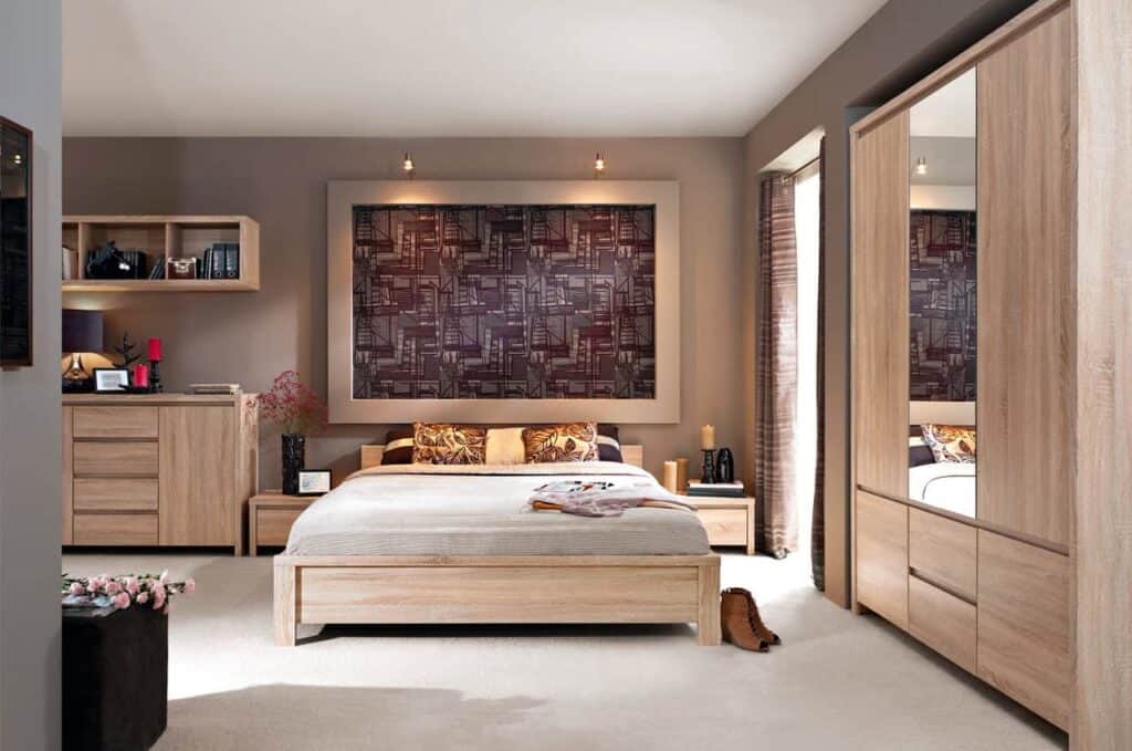 Triple Wardrobe with Drawers and Mirror Modern 3 Door Handlless Storage Sonoma Oak - Kaspian