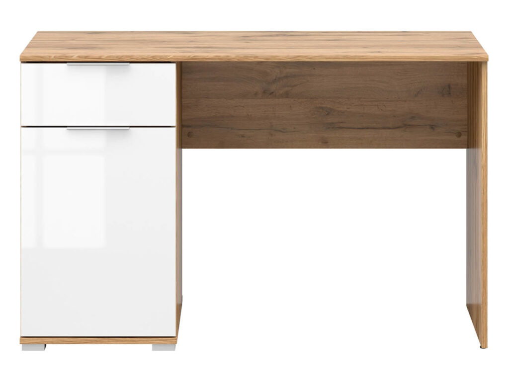 Office Desk with Drawer Cabinet Storage Modern White Gloss and Oak Computer Study 120cm Desk - Zele