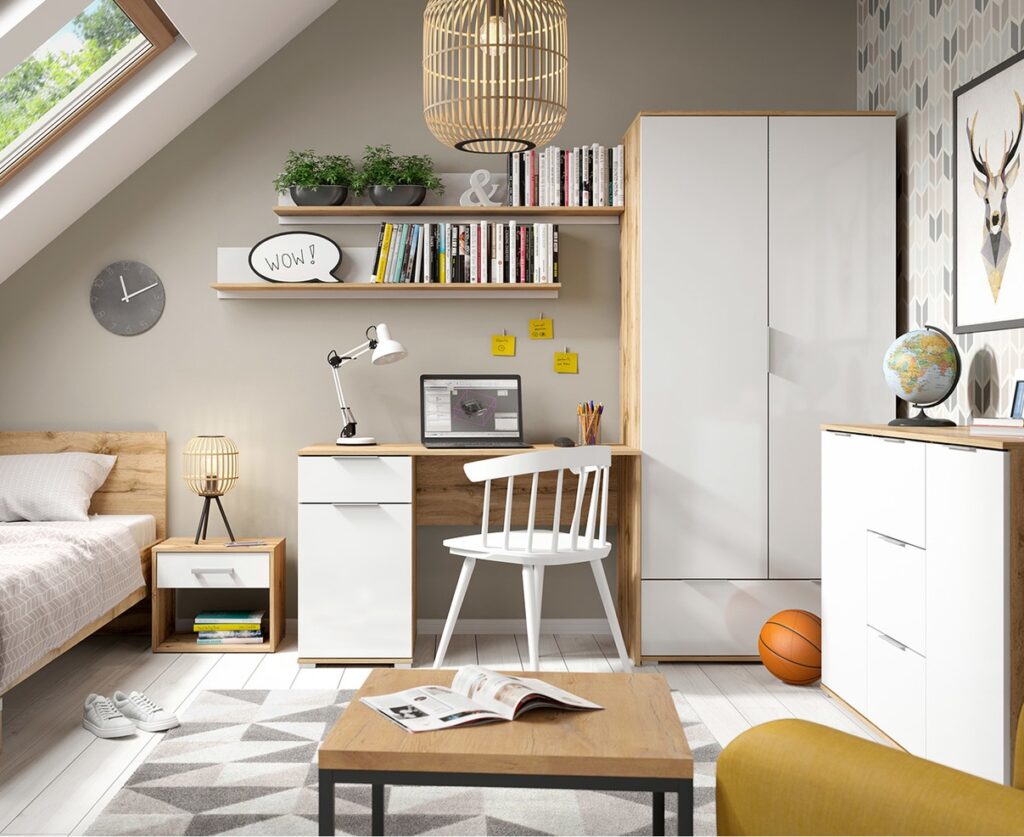 Office Desk with Drawer Cabinet Storage Modern White Gloss and Oak Computer Study 120cm Desk - Zele