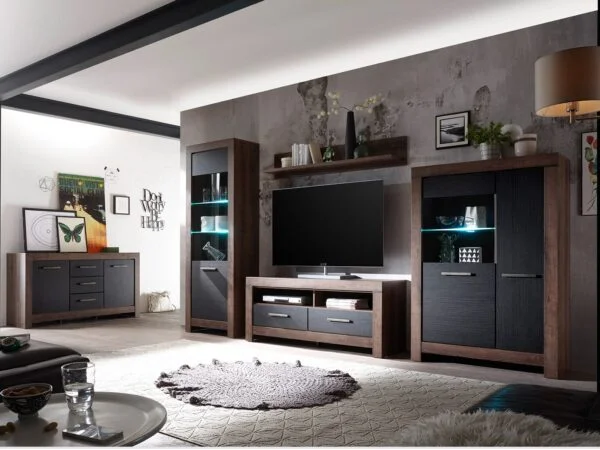 black and oak dark wood living room furniture set with tv unit sideboard glass display cabinets balin 1