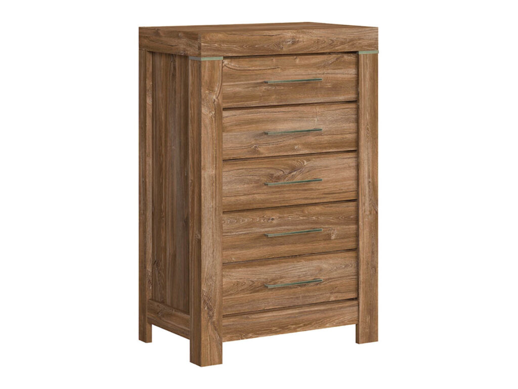 Chest of Drawers 70cm Wide Modern Tall Narrow 5 Drawer Tallboy Dresser Storage Unit Medium Oak Effect - Gent