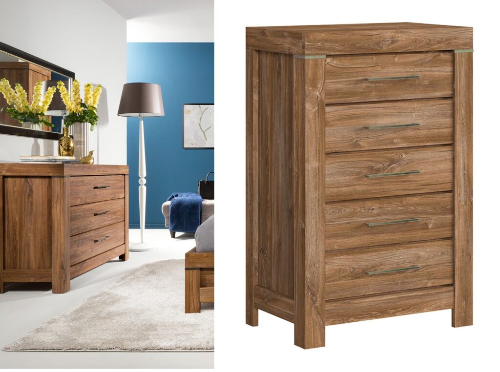 Chest of Drawers 70cm Wide Modern Tall Narrow 5 Drawer Tallboy Dresser Storage Unit Medium Oak Effect - Gent