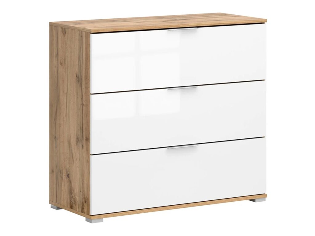 Chest of Drawers for Bedroom White Gloss and Oak Modern Storage Unit 95cm Dresser - Zele