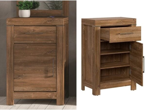 small cabinet tall bedside table narrow slimline sideboard with drawer dark oak