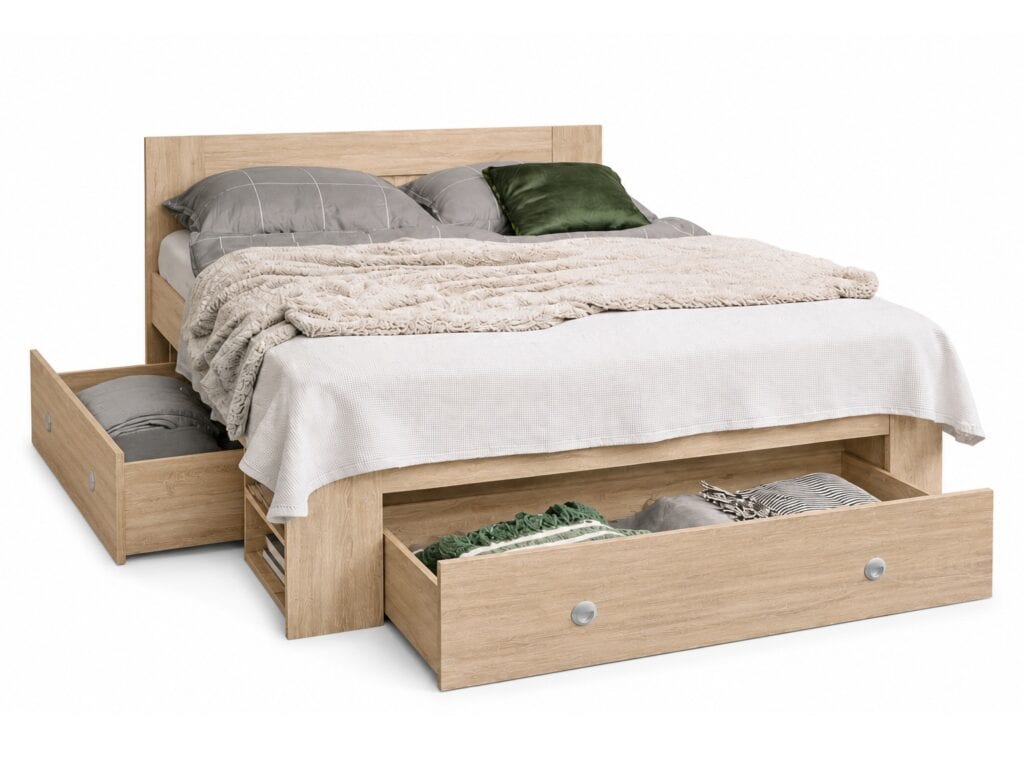 Double Bed Frame with Storage Underbed Drawers Shelves Euro 140cm Slats Light Oak Sonoma - Nepo