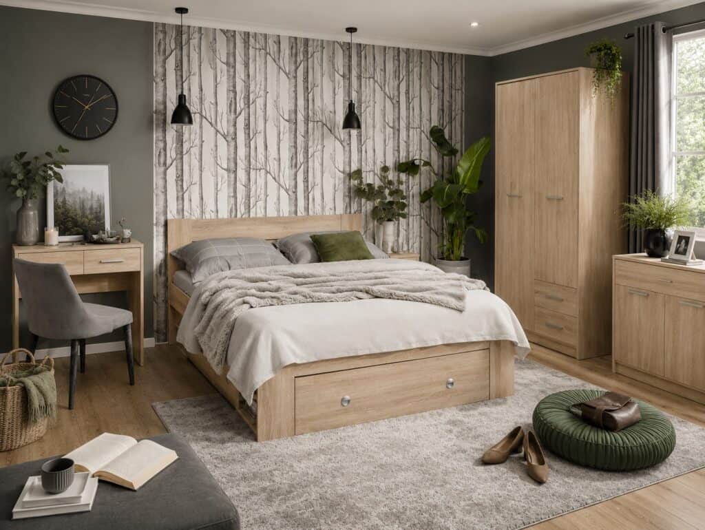 Double Bed Frame with Storage Underbed Drawers Shelves Euro 140cm Slats Light Oak Sonoma - Nepo