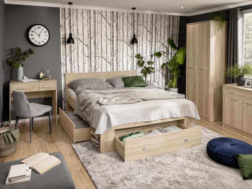 Double Bed Frame with Storage Underbed Drawers Shelves Euro 140cm Slats Light Oak Sonoma - Nepo