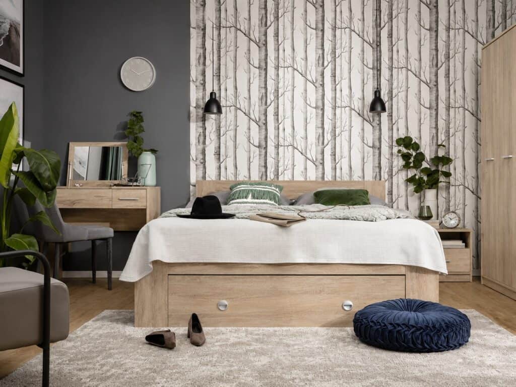 Double Bed Frame with Storage Underbed Drawers Shelves Euro 140cm Slats Light Oak Sonoma - Nepo