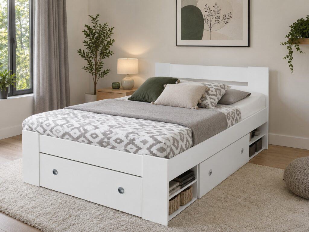 White Double Bed Frame with Storage Drawers Shelves Modern 140cm Euro Solid Wood Slats - Nepo