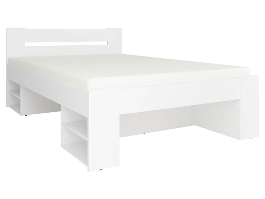 White Double Bed Frame with Storage Drawers Shelves Modern 140cm Euro Solid Wood Slats - Nepo