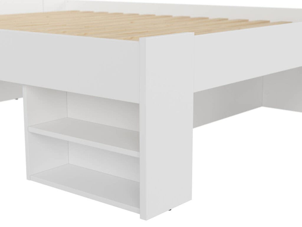 White Double Bed Frame with Storage Drawers Shelves Modern 140cm Euro Solid Wood Slats - Nepo