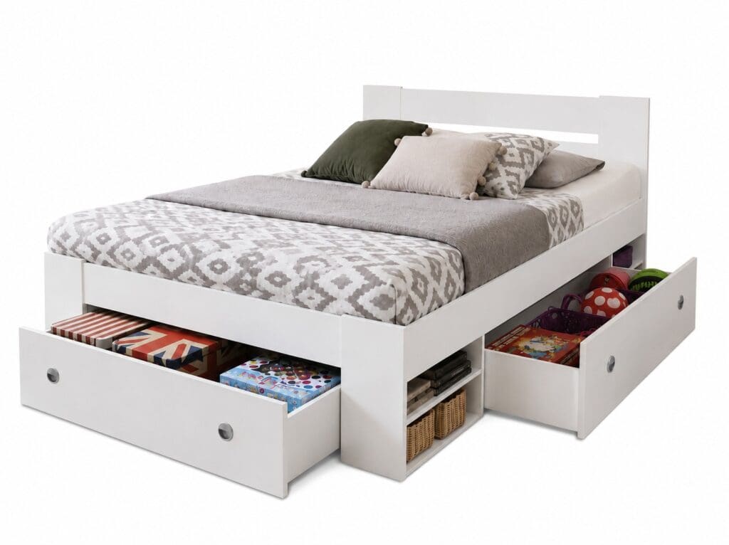 White Double Bed Frame with Storage Drawers Shelves Modern 140cm Euro Solid Wood Slats - Nepo
