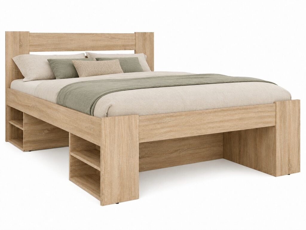 Double Bed Frame with Storage Underbed Drawers Shelves Euro 140cm Slats Light Oak Sonoma - Nepo